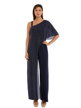 R & M Richards Black Knit One Shoulder Asymmetric Jumpsuit